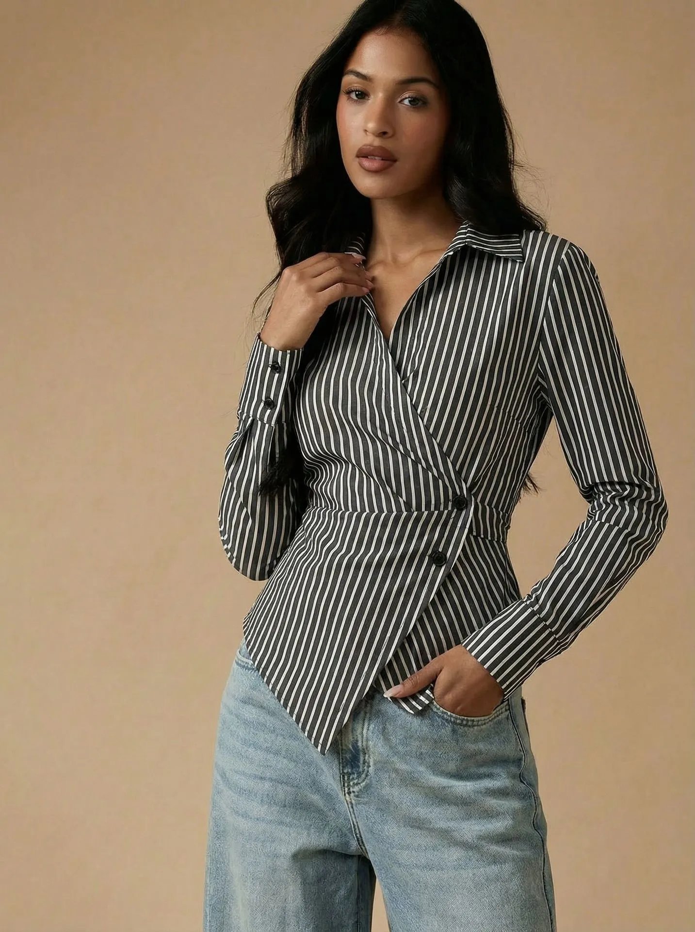 Design Striped Asymmetrical Wrap Shirt Black and White Tops Shirt - 17