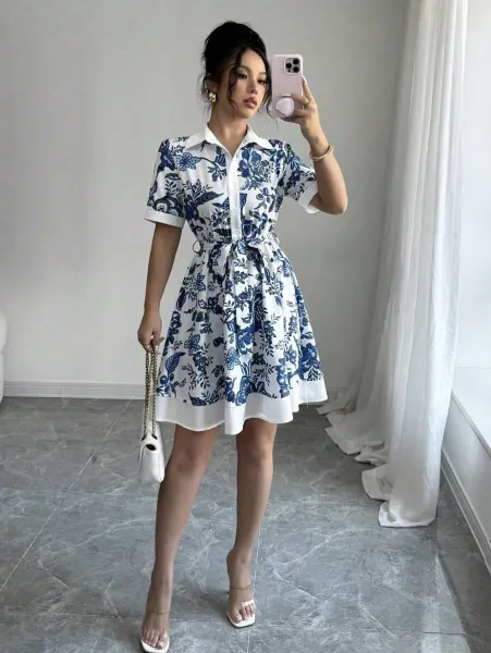 Design Floral Print Shirt Dress in White and Green - 8