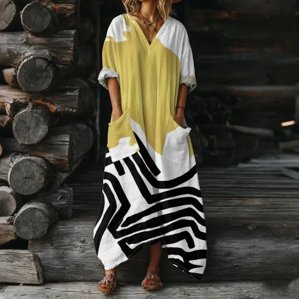 Design Abstract Print V-Neck Maxi Dress Yellow White Black - 1