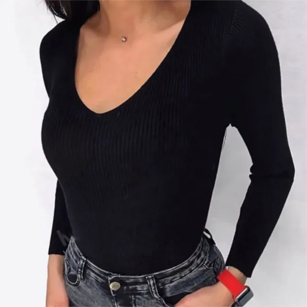 Design Ribbed V-Neck Long Sleeve Top Black - 1