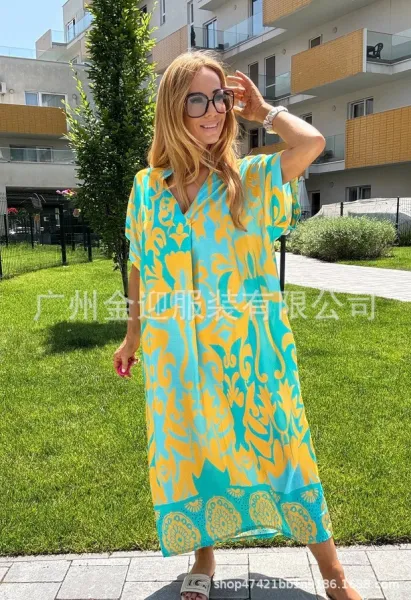 Design Printed V-Neck Midi Dress Blue Pink Multicolor - 16