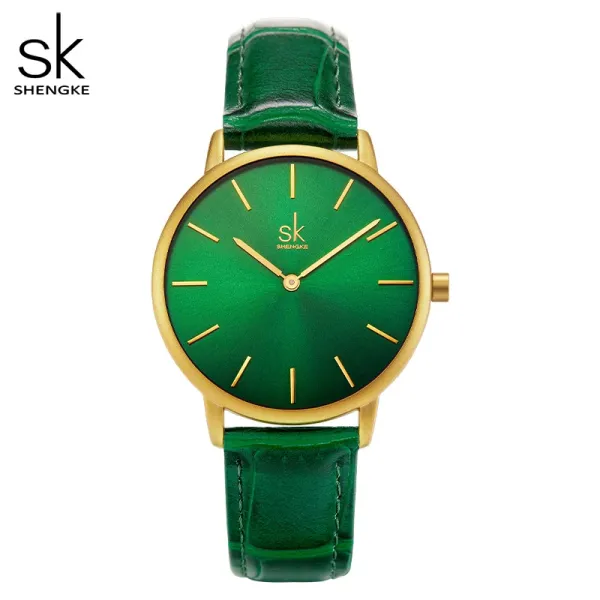 Design Shengke Minimalist Green Dial Gold Case Leather Strap Watch Watches - 1