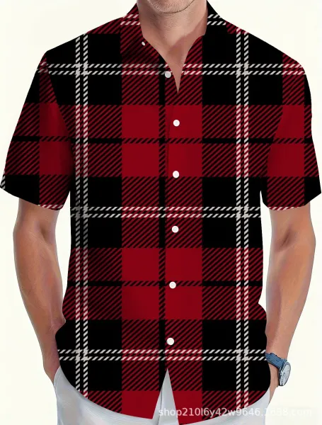 Design Red and Black Tartan Plaid Short-Sleeve Button-Up Shirt - 1