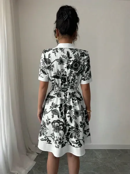 Design Floral Print Shirt Dress in White and Green - 15