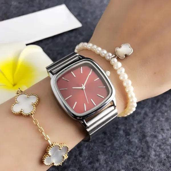 Design Square Dial Rose Red Quartz Watch with Stainless Steel Bracelet Watches - 9