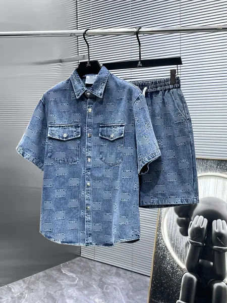 Design Denim Print Short-Sleeve Shirt and Shorts Set Blue - 1