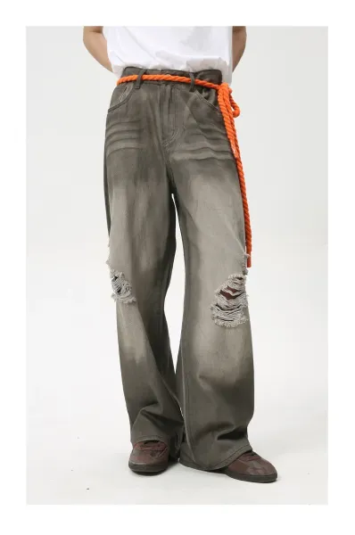 Design Wide-Leg Distressed Gray Jeans - 14