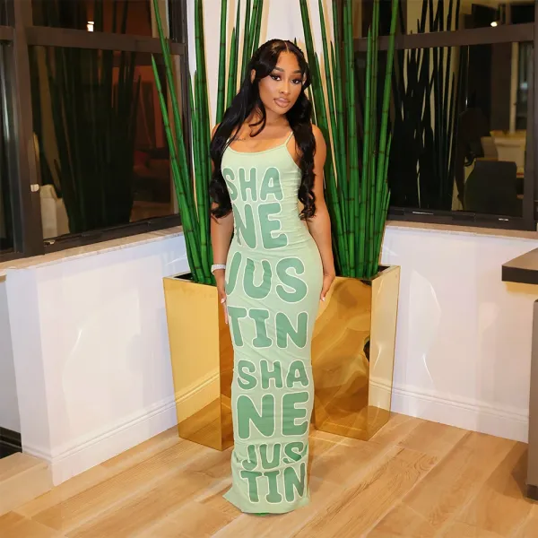 Design Graphic Print Beige Maxi Dress with 'SHANE JUSTIN' Typography - 36