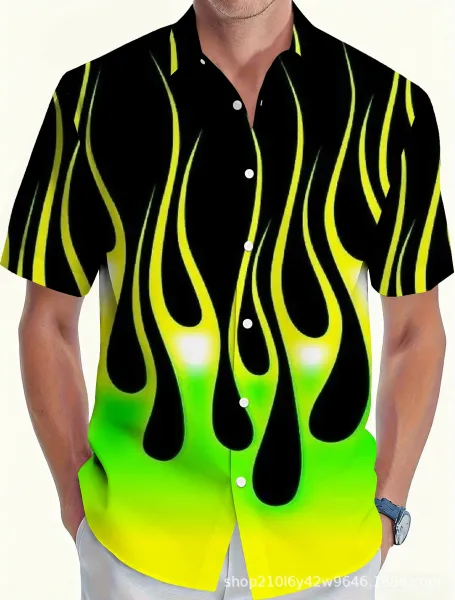Design Flame Print Short-Sleeve Button-Up Shirt - 1