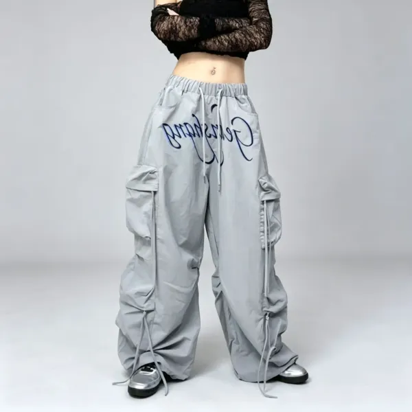 Design Cargo Pants Gray Script Print Wide-Leg Pants - 1