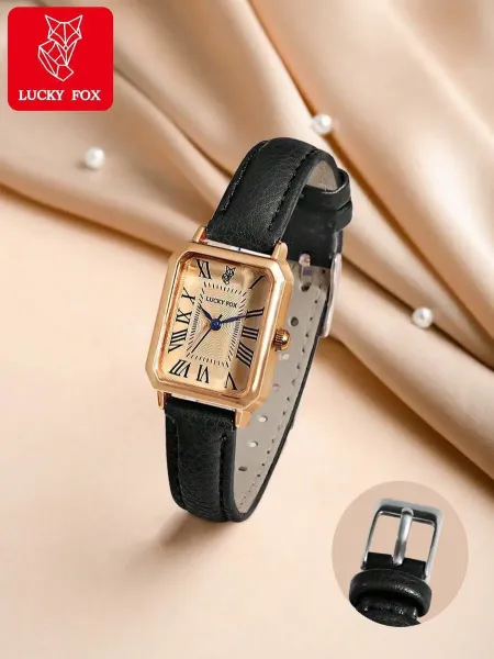 Design Lucky Fox Square Dial Rose Gold Case Green Leather Strap Quartz Watch Watches - 2