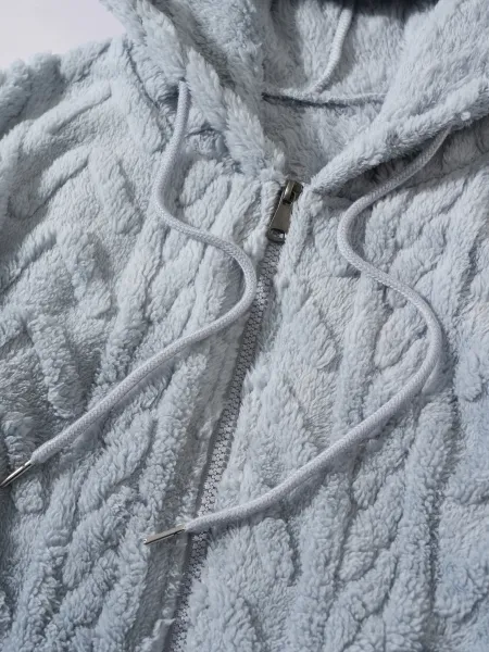 Design Faux Fur Cable Knit Hooded Jacket Gray Outerwear - 6