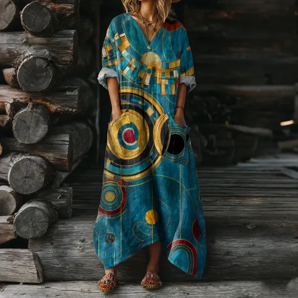 Design Abstract Geometric Print Maxi Dress in Teal Multicolor - 1