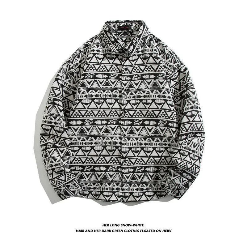 Design Aztec Print Long-Sleeve Button-Up Shirt Black White Tops Shirt - 19