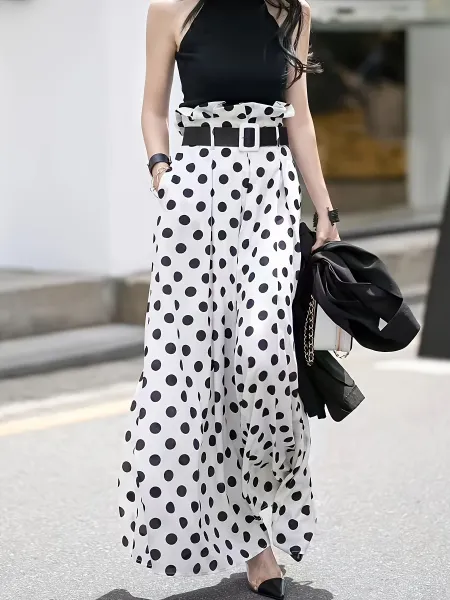 Design Polka Dot Wide-Leg Palazzo Pants Olive Green - 7