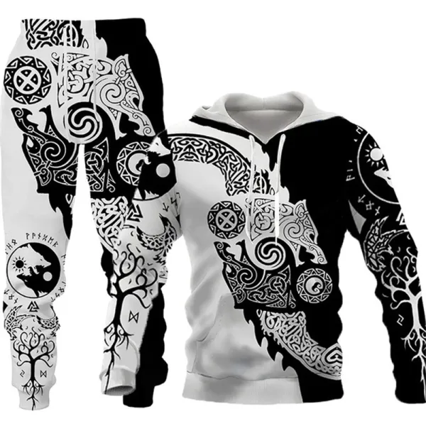 Design Norse Mythology Print Hoodie and Sweatpants Set Black White - 1