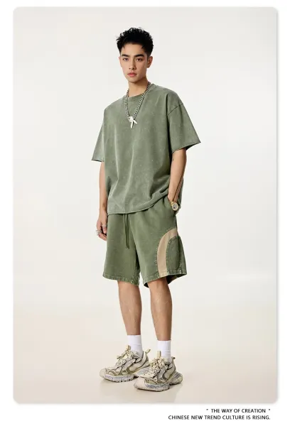 Design BE Thrived Army Green-Khaki Patchwork Shorts - 29
