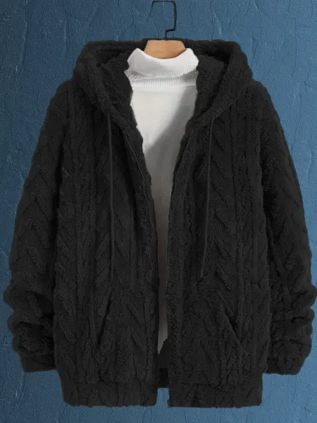 Design Faux Fur Cable Knit Hooded Jacket Gray Outerwear - 31