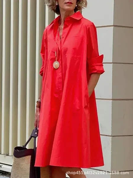 Design Red Shirt Dress with Roll-Up Sleeves Dress - 1