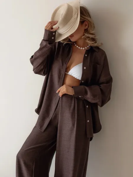 Design Wide-Leg Linen Blend Pant Set in Taupe with Woven Tote Bag - 23