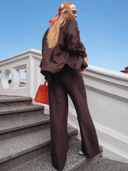 Design Wide-Leg Linen Blend Pant Set in Taupe with Woven Tote Bag - 29