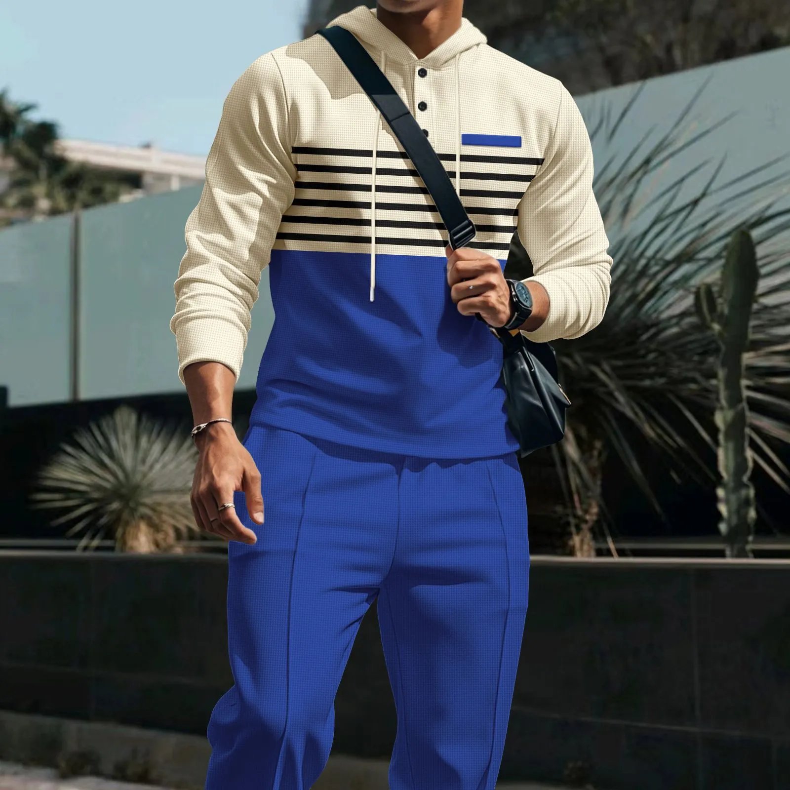 Design Waffle-Knit Hoodie and Jogger Set White / Gray - 5