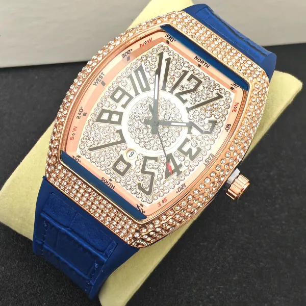 Design Tonneau-Shape Diamond-Encrusted Watch Blue Rubber Strap Quartz Watch Watches - 1