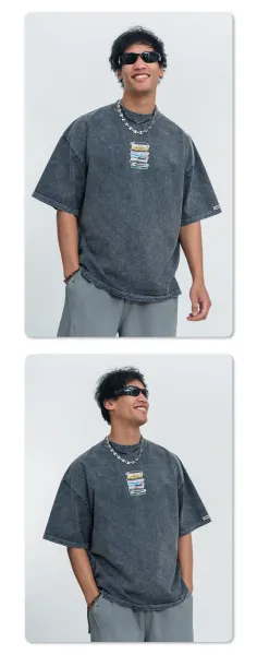Design Acid Wash Denim T-Shirt with Cassette Tape Graphic - 17