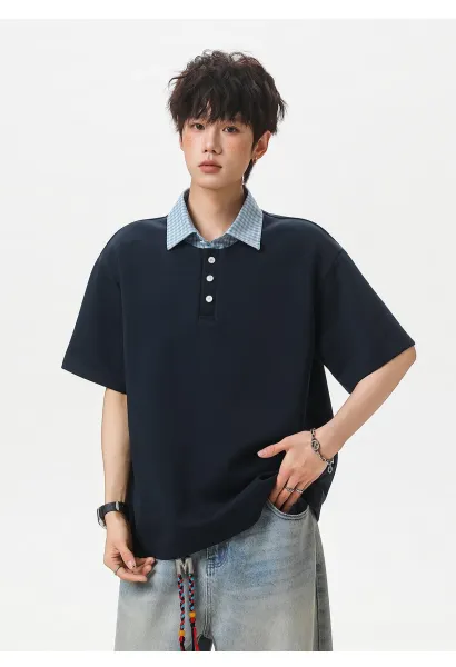 Design Layered Collar Polo Navy Blue Tops Polo - 18