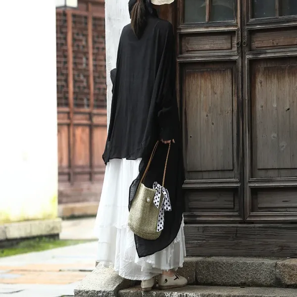 Design Oversized Linen Shirt White + Tiered Skirt Beige + Straw Hat + Woven Bag Handbag - 5