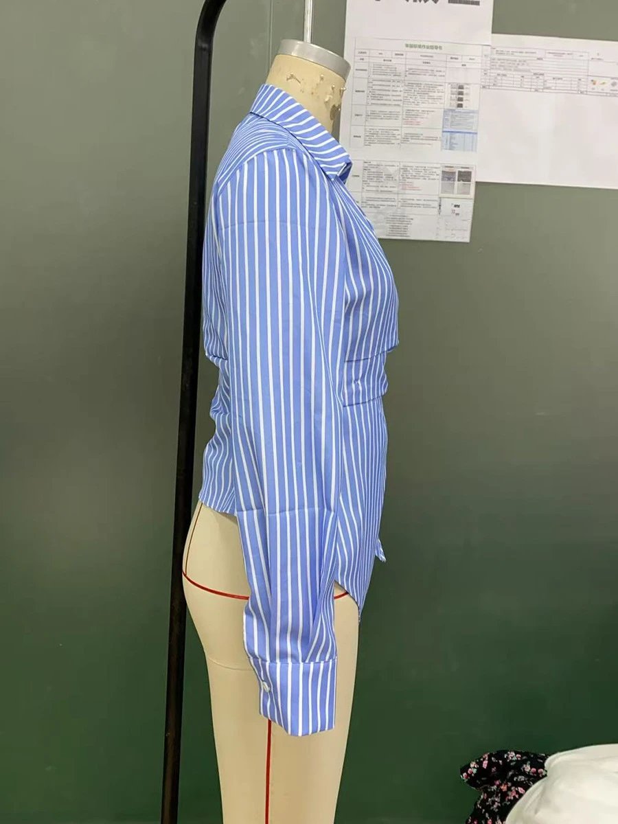 Design Striped Asymmetrical Wrap Shirt Black and White Tops Shirt - 6