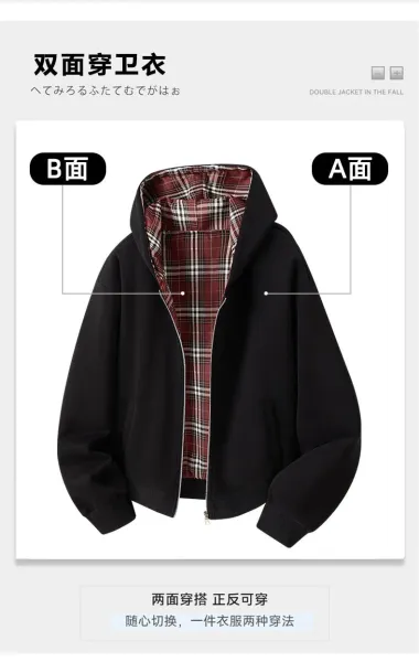Design Zip-Up Hooded Jacket Black with Plaid Lining Outerwear - 7