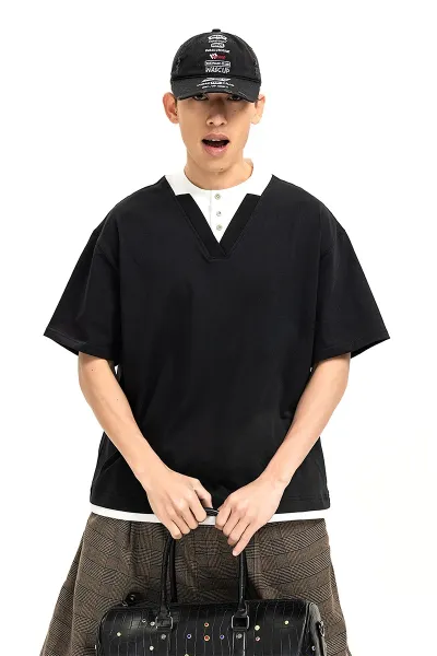 Design Layered Collar V-Neck T-Shirt Black - 5