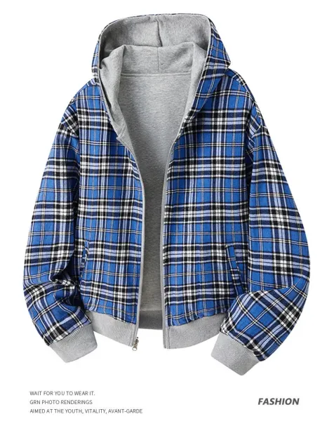 Design Zip-Up Hooded Jacket Black with Plaid Lining Outerwear - 15