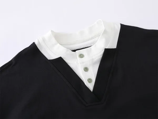 Design Layered Collar V-Neck T-Shirt Black - 16
