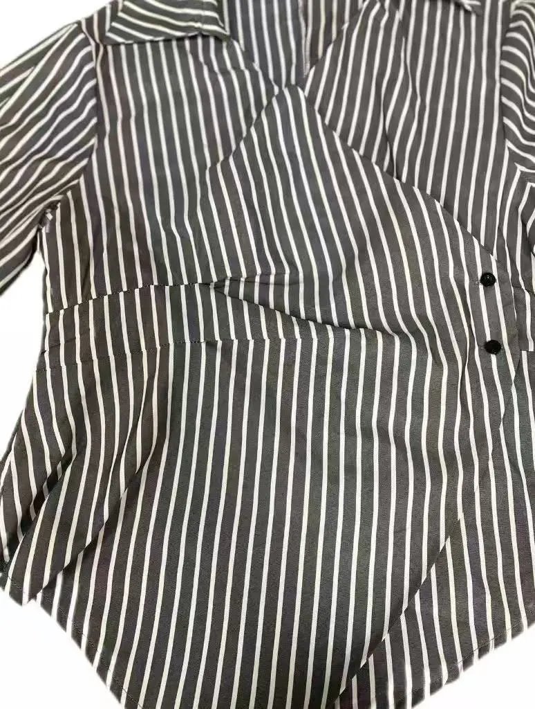 Design Striped Asymmetrical Wrap Shirt Black and White Tops Shirt - 21
