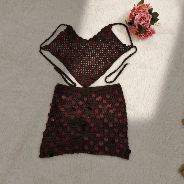 Design Crochet Mesh Top and Sequin Mini Skirt Set Black - 4