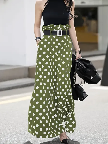 Design Polka Dot Wide-Leg Palazzo Pants Olive Green - 17