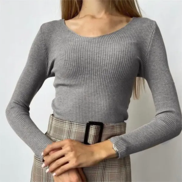Design Ribbed Knit Scoop Neck Long Sleeve Top Gray Tops.sweater - 1