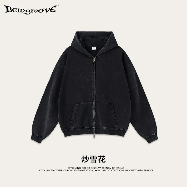 Design Beingmove Stir-Fried Snowflake Black Zip-Up Hoodie - 1