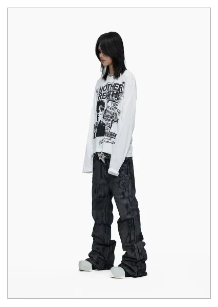 Design Acid Wash Black Wide-Leg Jeans with Studded Pentagram Belt - 8