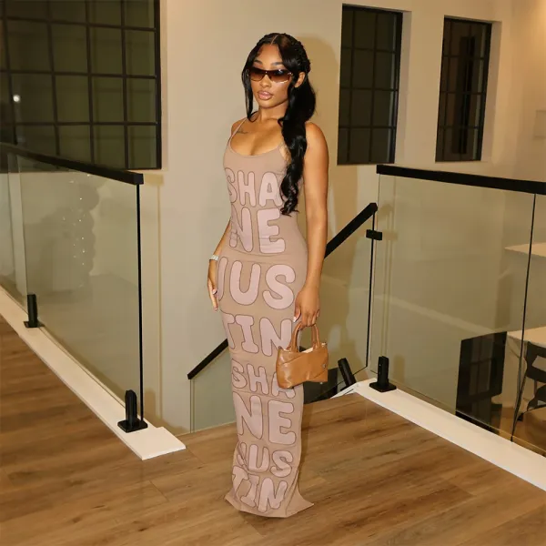 Design Graphic Print Beige Maxi Dress with 'SHANE JUSTIN' Typography - 1
