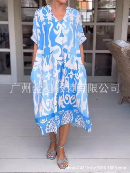 Design Printed V-Neck Midi Dress Blue Pink Multicolor - 11
