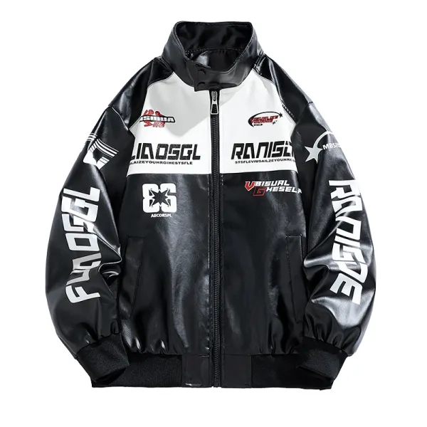 Design Racing-Inspired Patchwork Leather Jacket Black / White Outerwear.leather Jacket - 1