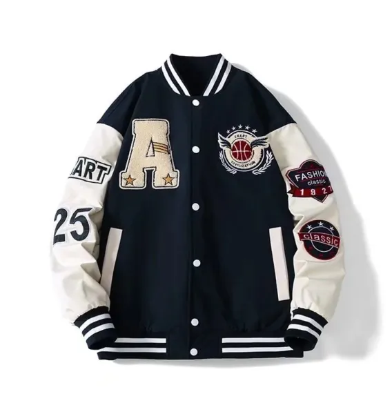 Design Varsity Jacket Navy and Cream Embroidered Letter A Basketball Patch Jacket Outerwear Jacket - 13