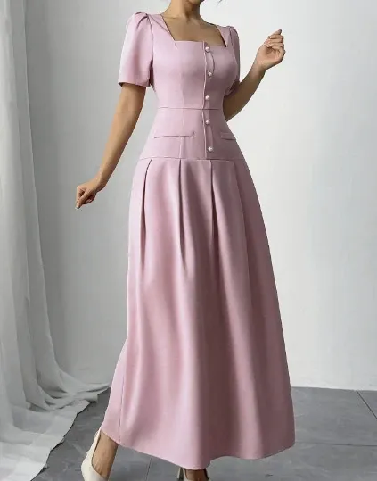 Design Square Neck Pleated Midi Dress Pink Dress Formal Dress - 7