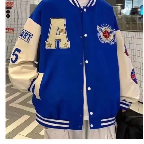 Design Varsity Jacket Navy and Cream Embroidered Letter A Basketball Patch Jacket Outerwear Jacket - 19