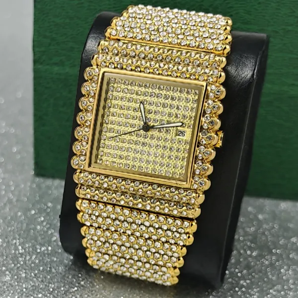 Design Square Crystal-Encrusted Gold Tone Quartz Watch Watches - 1