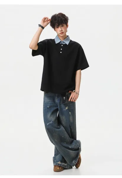 Design Layered Collar Polo Navy Blue Tops Polo - 25