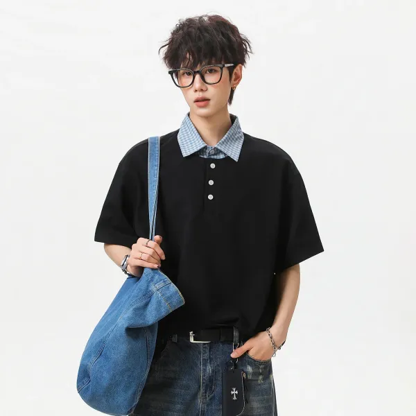Design Layered Collar Polo Black with Gingham Shirt Detail Tops.polo - 1